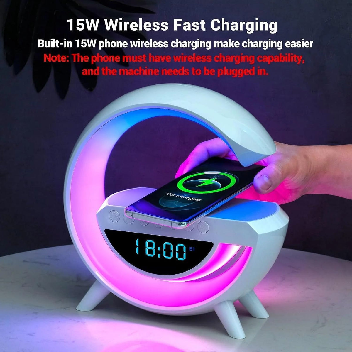 G-Shape LED Night Lamp – 15W Wireless Fast Charger, Bluetooth Speaker & Alarm Clock