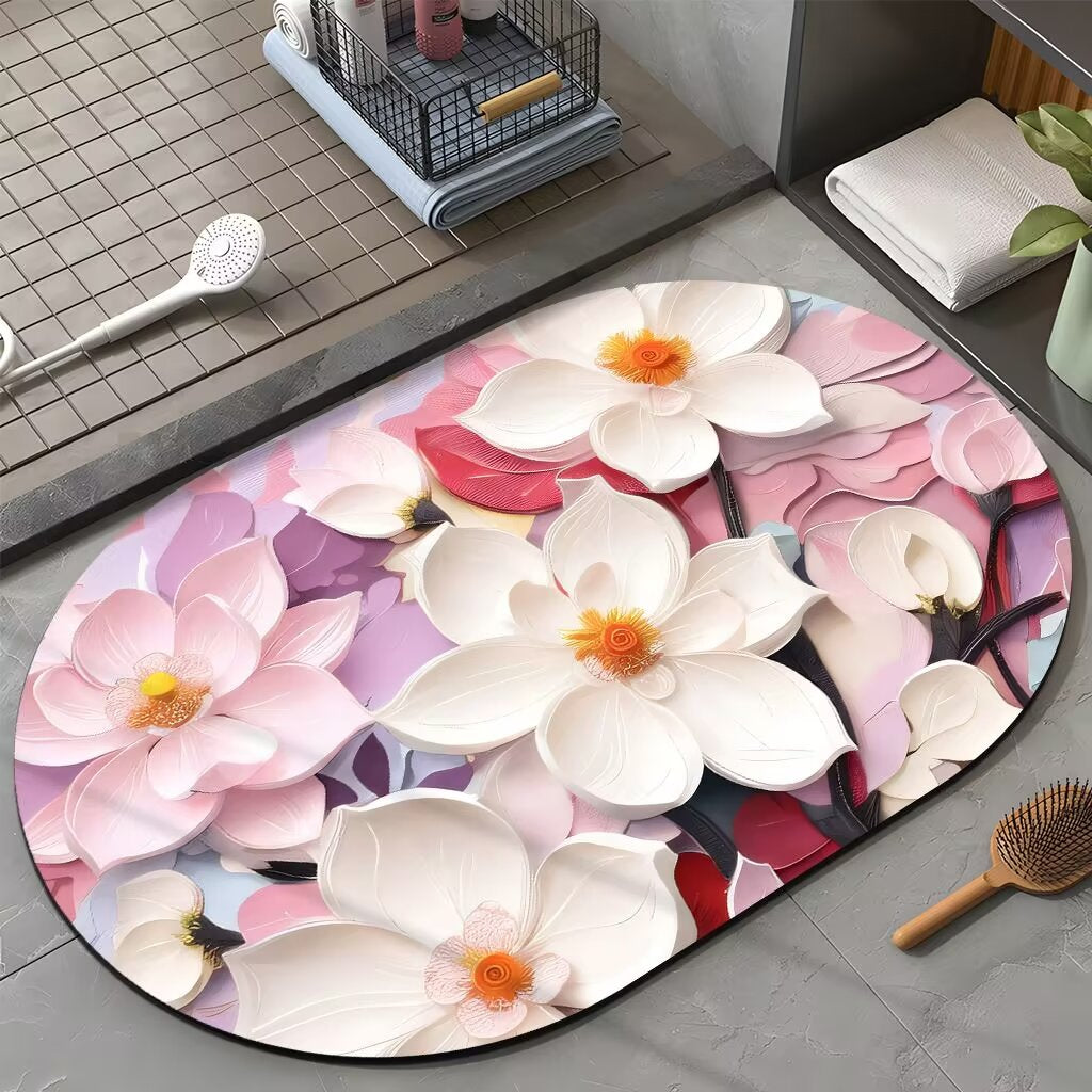 Floral Bath Mat – Non-Slip Oval Rug for Bathroom, Bedroom & Entryway