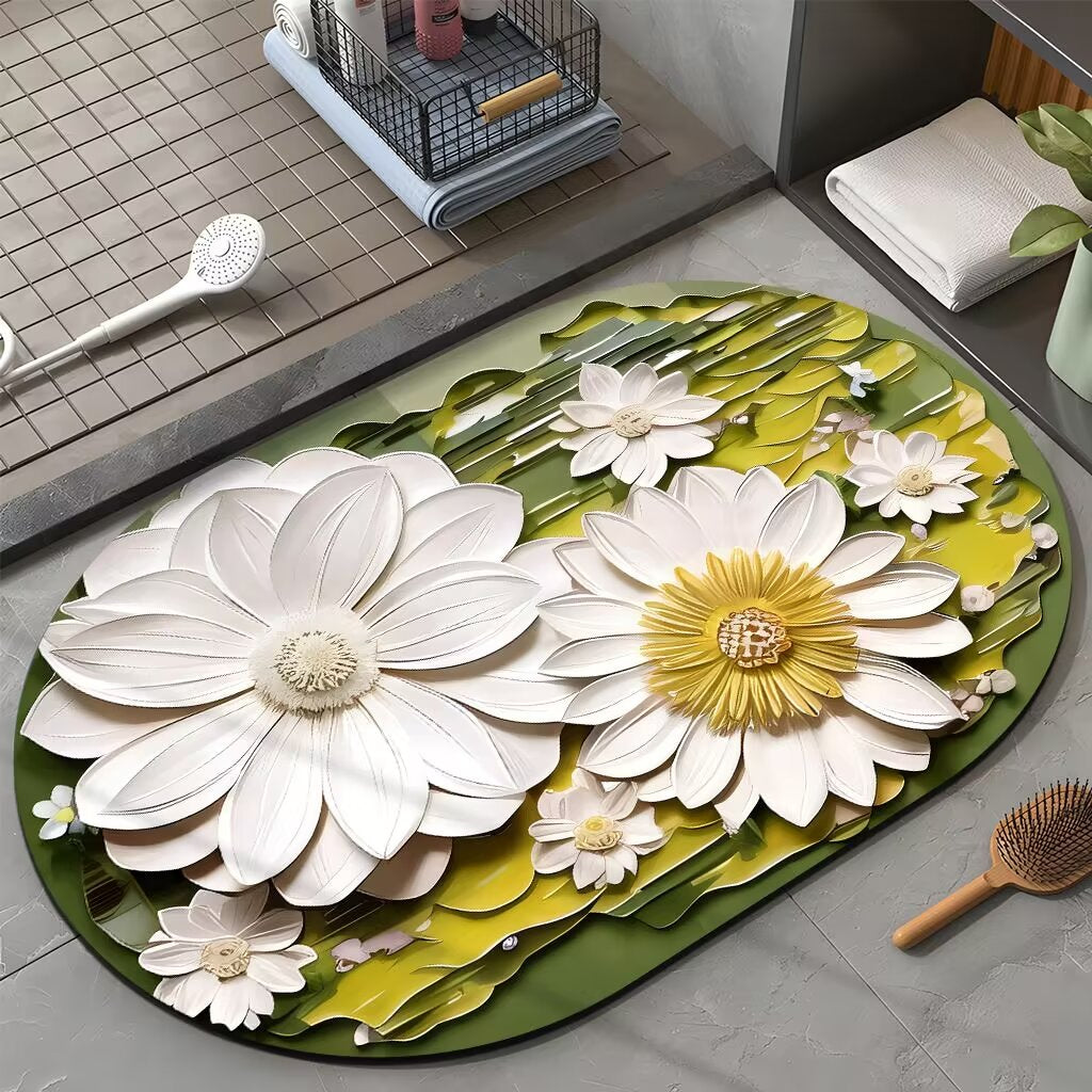 Floral Bath Mat – Non-Slip Oval Rug for Bathroom, Bedroom & Entryway