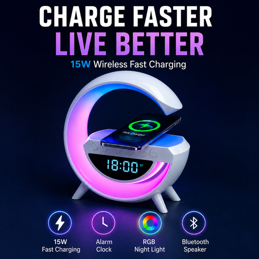 G-Shape LED Night Lamp – 15W Wireless Fast Charger, Bluetooth Speaker & Alarm Clock